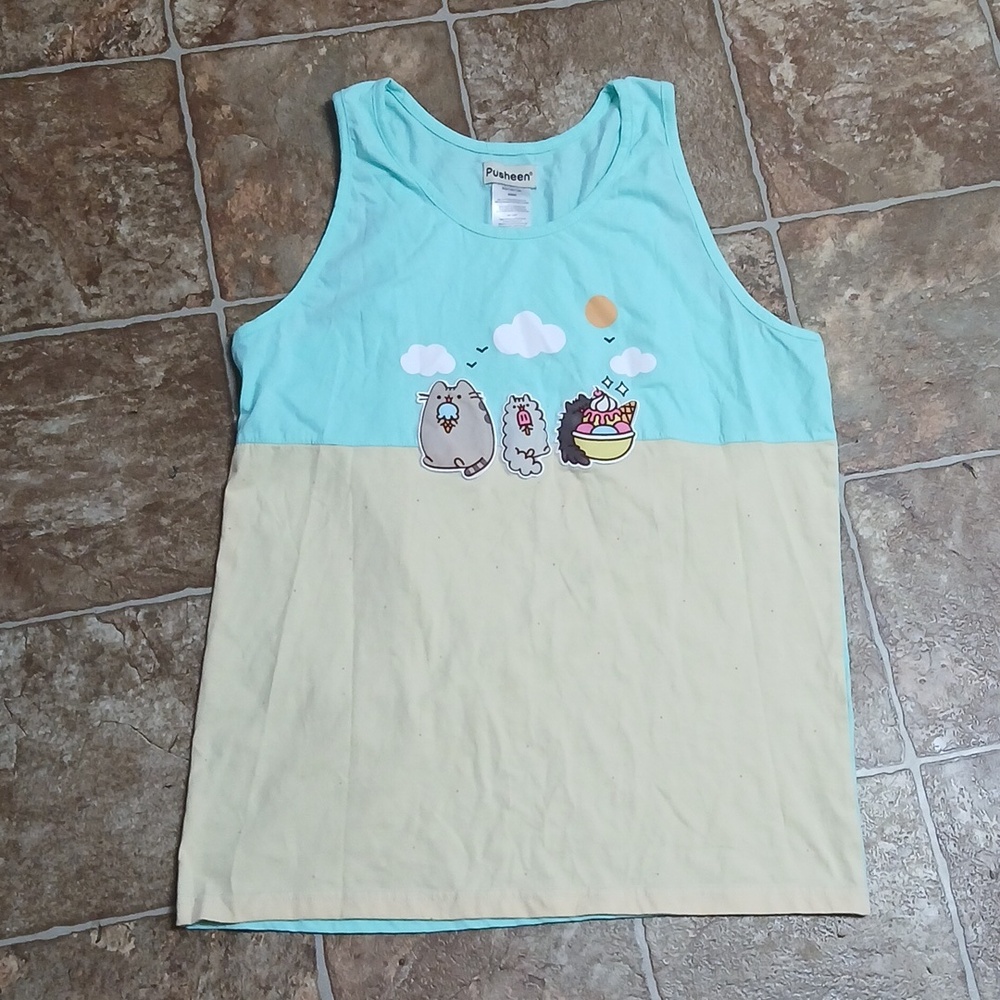 NWT Pusheen Aqua and Cream Beach Scene Womens Tank Top Size Med